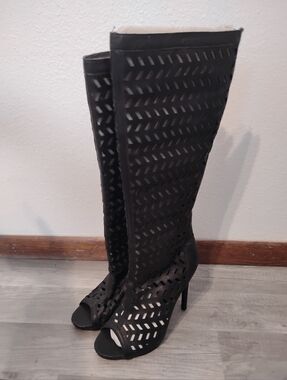 Bellona Black Cutout Knee-High Peep-Toe Stiletto Boot Heels